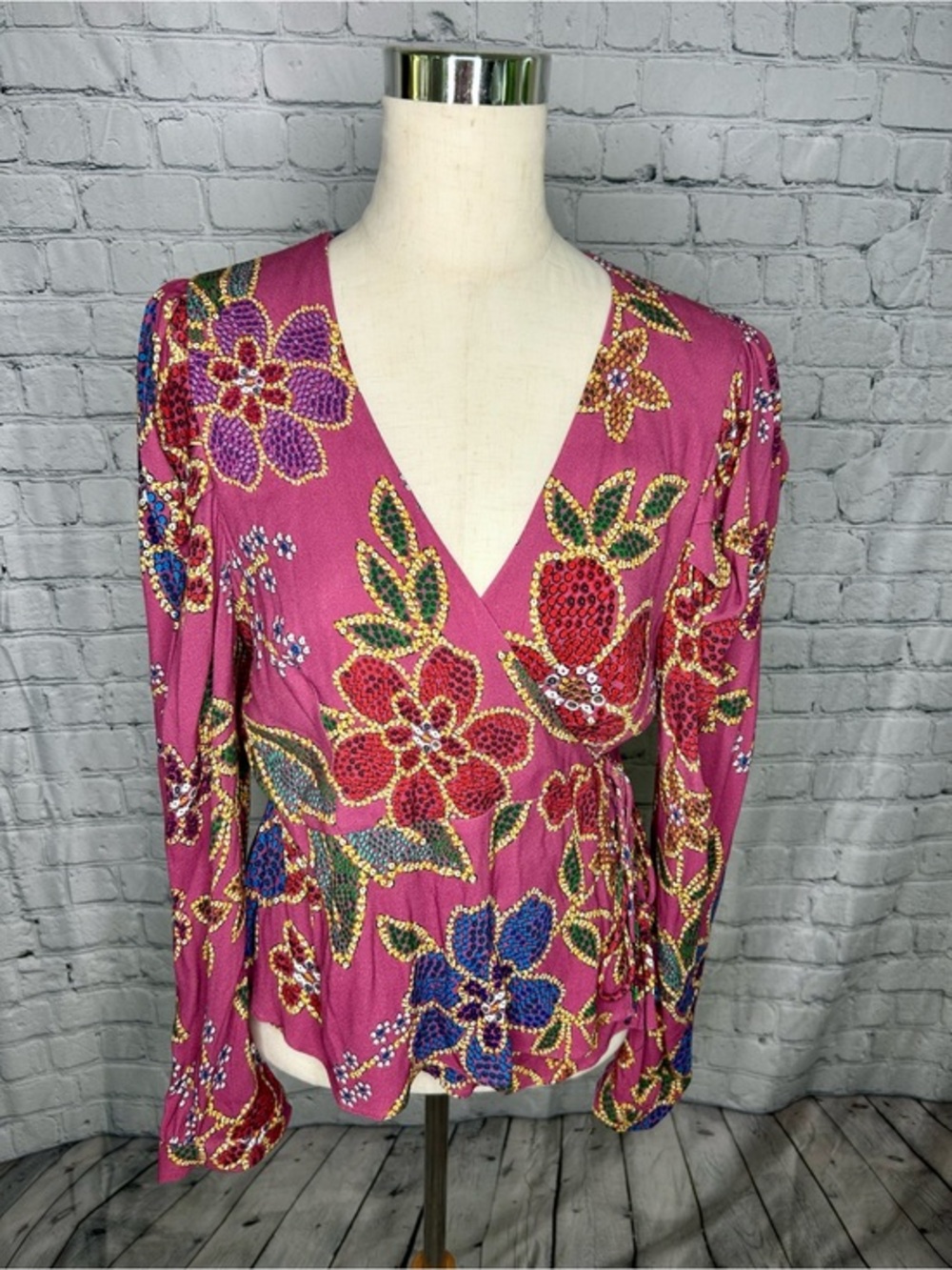 Farm Rio Wrap Shirt Multi NWT Beaded Tassel Tie Blouse Women's XL